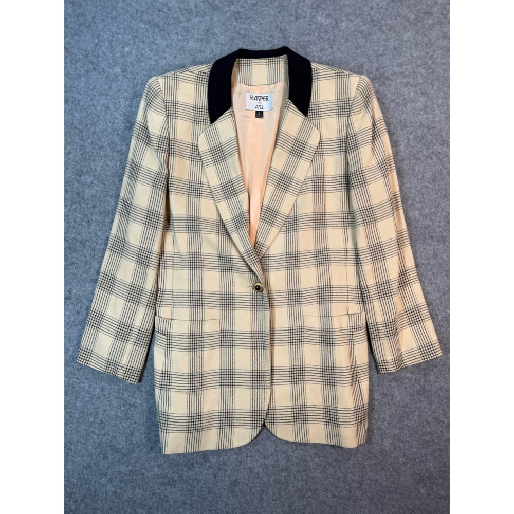 Kasper for ASL Vintage Plaid Blazer Shoulder Pads Cream Black 8